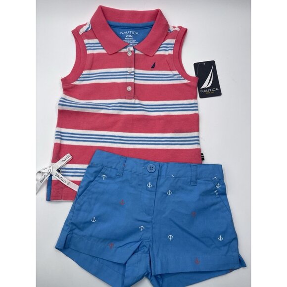 Nautica Girls Short Set Baby Size 24 Months Pink Blue Tank Top Shorts Preppy - Picture 1 of 7